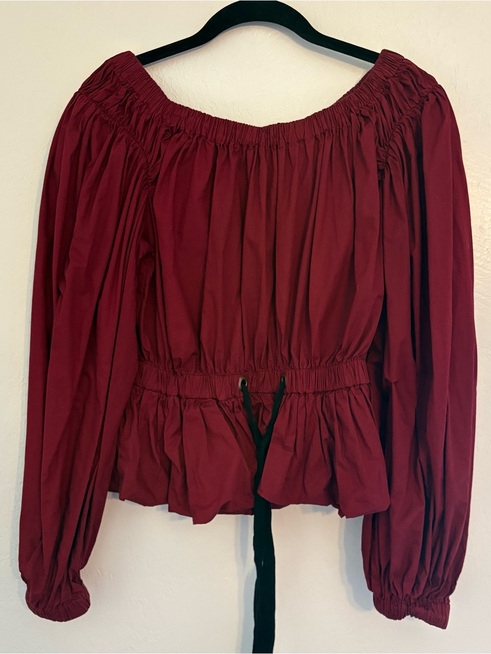 Ulla Johnson Burgundy Off-Shoulder Smocked Waist Long Sleeve Top